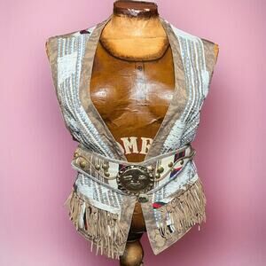 VINTAGE 80s Boho Celestial Fringe Vest Size S Belted Western Howard Wolf